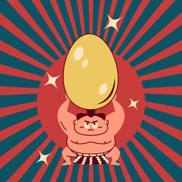 Vector illustration of Sumo wrestler crouching, arms raised, lifting a big Gold Egg