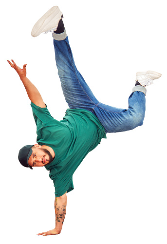 breakdancer guy performing inverted freeze technique isolated on white background