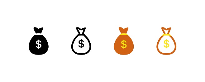 Dollar bags icons. Different styles, bag with dollar icon, money bags icons. Vector icons