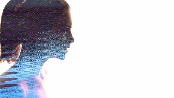 Anger stress. Mind mess. Depression anxiety. Double exposure of woman glitch noise face head profile silhouette isolated on white background empty space.