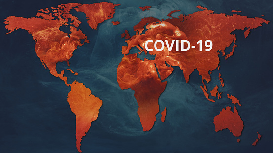 COVID 19 pandemic. Infected planet Earth. Global danger. Red abstract virus disease spreading across world continents countries on blue map.