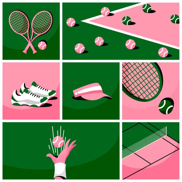 Creative collage. Set of tennis game items in green and pink colors - racket, balls, sneakers, cap, court with net Creative collage. Set of tennis game items in green and pink colors - racket, balls, sneakers, cap, court with net. Concept of sport attributes, game, competition and tournament. Poster, banner, ad tennis racket stock illustrations