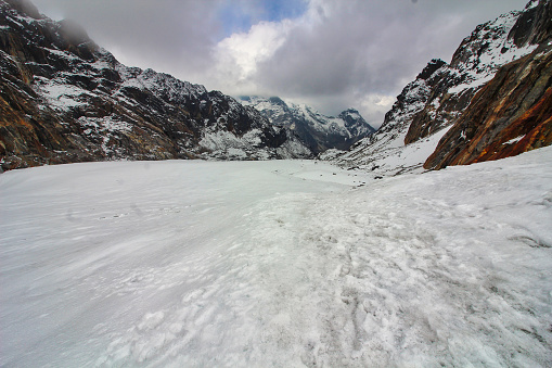 Glaciers at the base of the Cho La pass at 5400 meters at the foot of Mount Cholatse in direction of Dzonghla village in the Khumbu valley, Nepal