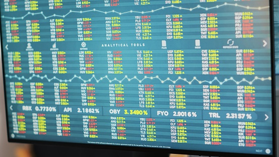 Close up shot of telephone on office desk and computer monitor showing stock exchange values going up and down. Phone on financial department workspace table and forex trading platform on monitor