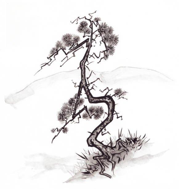istock Asian style pine tree and mountains Chinese ink painting 2060775605