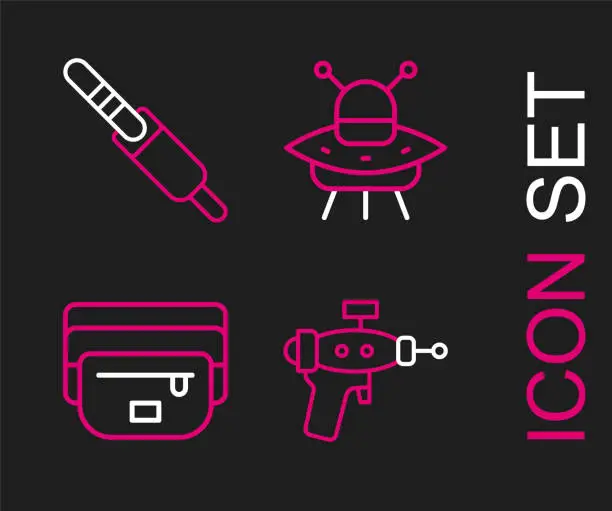 Vector illustration of Set line Ray gun, Waist bag of banana, UFO flying spaceship and Audio jack icon. Vector