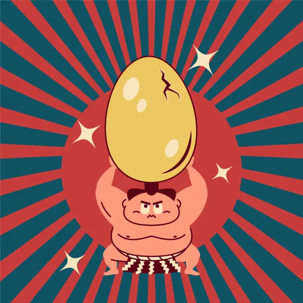 Vector illustration of Sumo wrestler crouching, arms raised, lifting a big Gold Egg about to hatch, Discovery, Opportunity, Transformation, and Growth