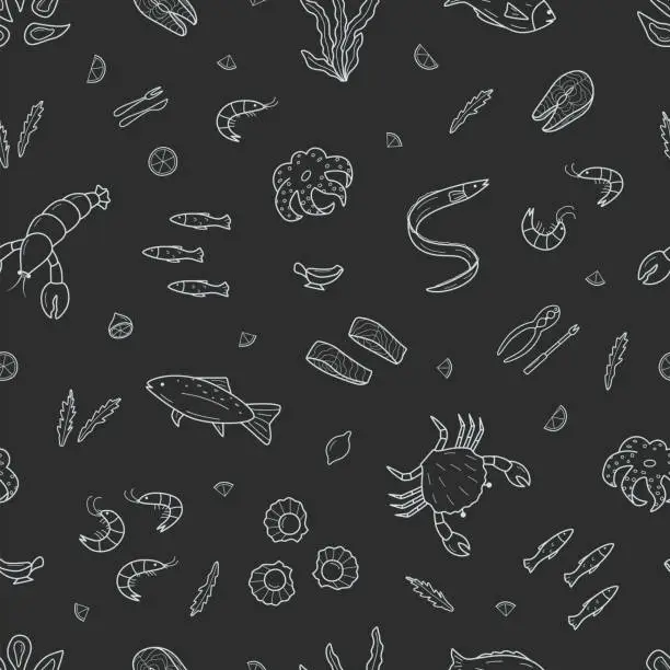 Vector illustration of Seamless pattern Seafood set of doodle icons. Vector illustration of seafood and cuisine background wallpaper.