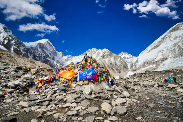 Everest Base Camp - Final point with Cairns and Prayer flags marking the end of the famous EBC journey or Everest Base camp trek for trekkers and hikers in Nepal