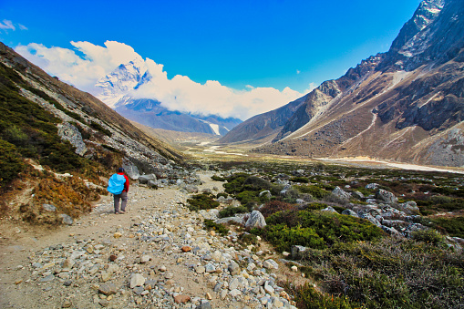 Scenic panorama of the Everest base camp trail looking south along the Khumbu valley towards the village of Dugh La and Periche with Ama Dablam dominating the horizon in Nepal