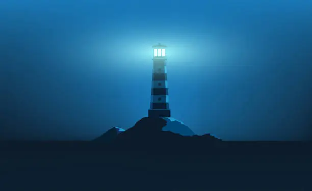 Vector illustration of Lighthouse on the rocks in the dark.