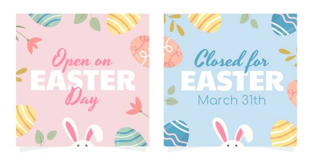 Set of Easter banners and templates. Open on Easter Day. Closed for Easter. Vector illustration for posts, cards or covers for social media. vector art illustration