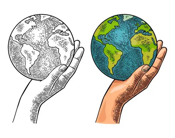 Vector illustration of Hand holding planet earth. Engraving vintage vector color illustration