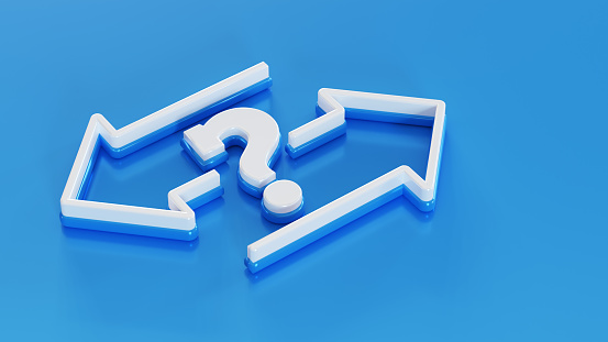 The concept of choice. Two arrows in different directions and question mark in the middle isolated on blue background