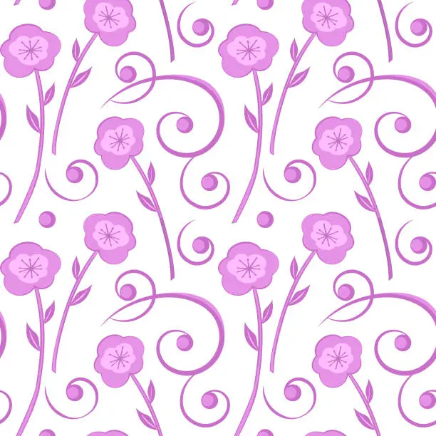 Vector illustration of Floral vector pattern for wallpaper, abstract purple flowers and swirls