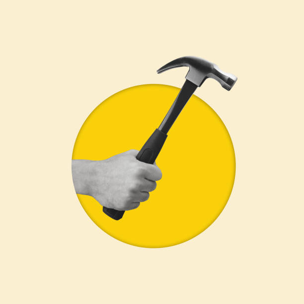 High angle view of one hammer with wooden handle, studio shot.