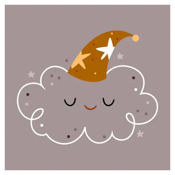 Vector illustration of Cloudy is sleeping in a sleeping cap.A cute kids illustration about sleep and night.