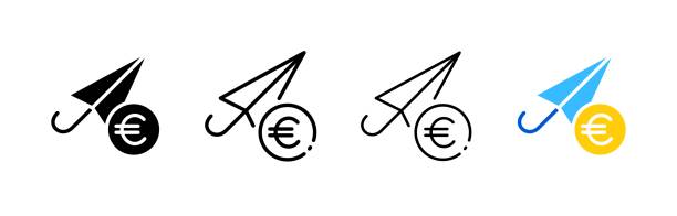 zestaw ikon parasola euro. sylwetka, liniowy i płaski styl. ikony wektorowe. - bank symbol computer icon european union euro note stock illustrations