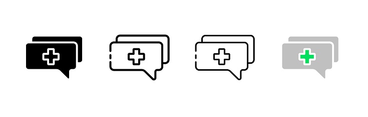 Plus message bubble icon set. Silhouette, linear, and flat style. Vector icons.