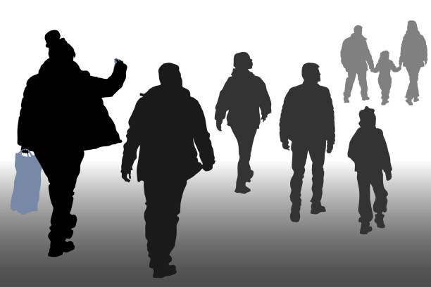 Vector silhouettes of people in motion, rear view. Parents with a child, tourists, passers-by.