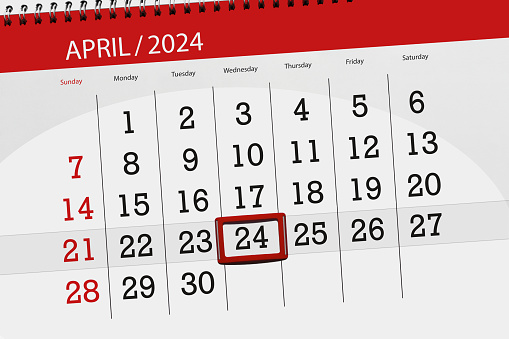 Calendar 2024, deadline, day, month, page, organizer, date, April, wednesday, number 24.