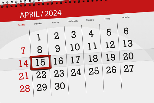Calendar 2024, deadline, day, month, page, organizer, date, April, monday, number 15.