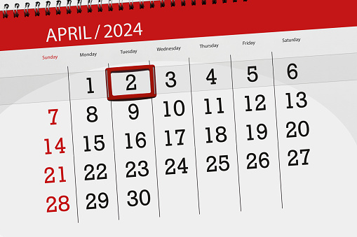 Calendar 2024, deadline, day, month, page, organizer, date, April, tuesday, number 2.