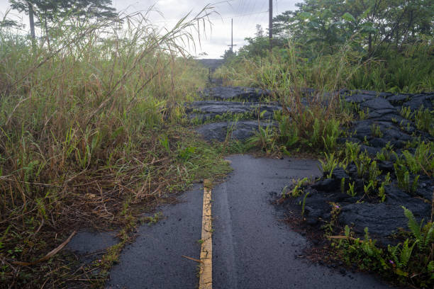 Road interrupted by volcanic lava on Big Island Hawaii