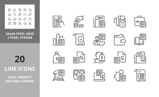 Accounting, finances conceps. Thin line icon set. Outline symbol collection. Editable vector stroke. 64 and 256 Pixel Perfect scalable to 128px