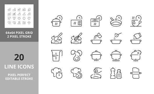 Cooking. Thin line icon set. Outline symbol collection. Editable vector stroke. 64 and 256 Pixel Perfect scalable to 128px