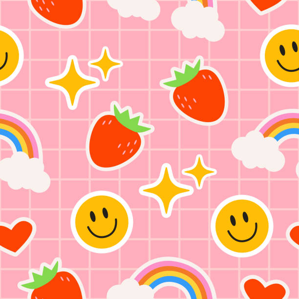 Emoji pattern Emoji on a checkered pink background. Children's pattern with bright elements in the form of stickers. kid stickers stock illustrations