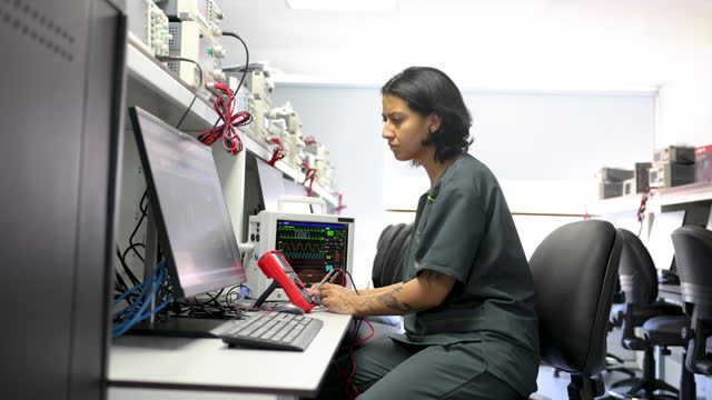 Latin American female technician repairing medical equipment using a multimeter connected to the computer