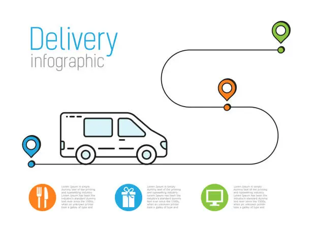 Vector illustration of Delivery way. Bus and map icon. Blue, green, orange, white.