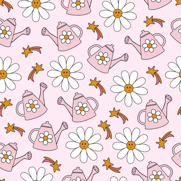 Vector illustration of Pink garden pattern with chamomile