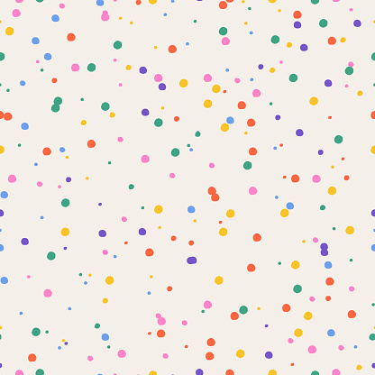 Seamless confetti pattern with dots. Rainbow bolts. Vector carnival background for the holiday. Abstract colorful splatter. For print templates or textiles.