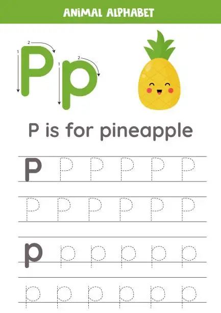 Vector illustration of Tracing alphabet letters for kids. Fruit and vegetables alphabet. P is for pineapple.