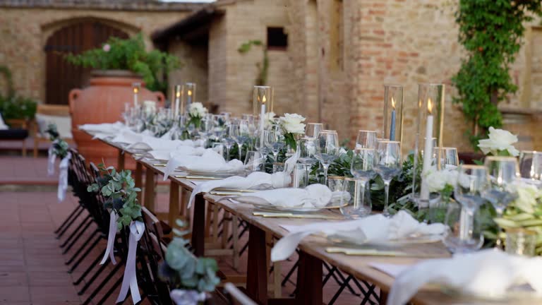 Table setting for an event party or wedding reception in Tuscany, Italy.