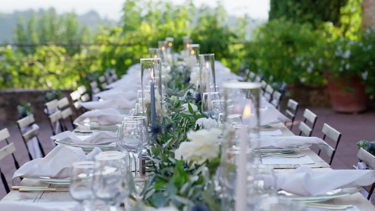 Table setting for an event party or wedding reception in Tuscany, Italy.