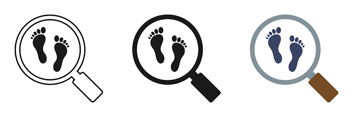 Set of magnifying glass icons with footprint. Vector illustratio