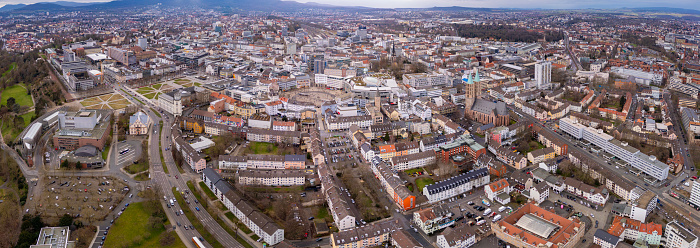 Aerial view of the downtown of the city kassel in Germany on a sunny morning in autumn