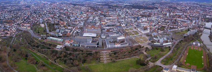 Aerial view of the downtown of the city kassel in Germany on a sunny morning in autumn