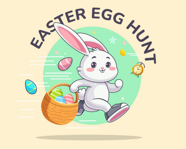 happy easter egg hunt contest with copy space. easter festival background with funny bunny run away - easter egg easter egg hunt multi colored bright stock illustrations