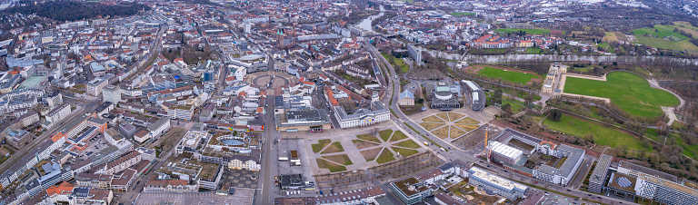 Aerial view around the downtown area of the dokumenta city Kassel in Hessen, Germany on a cloudy day in late winter