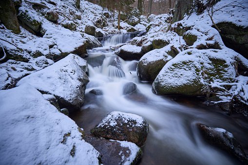 Flowing waterfall (Selkefall) in a snow-covered winter forest