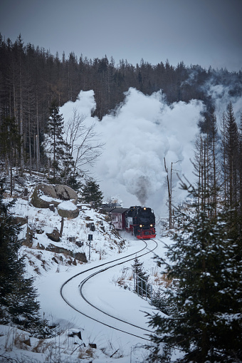 Historical steam train running full speed to Brocken Mountain in Harz region. The sky is grey, there is snow on the trees and the steam is coming out of the chimney.