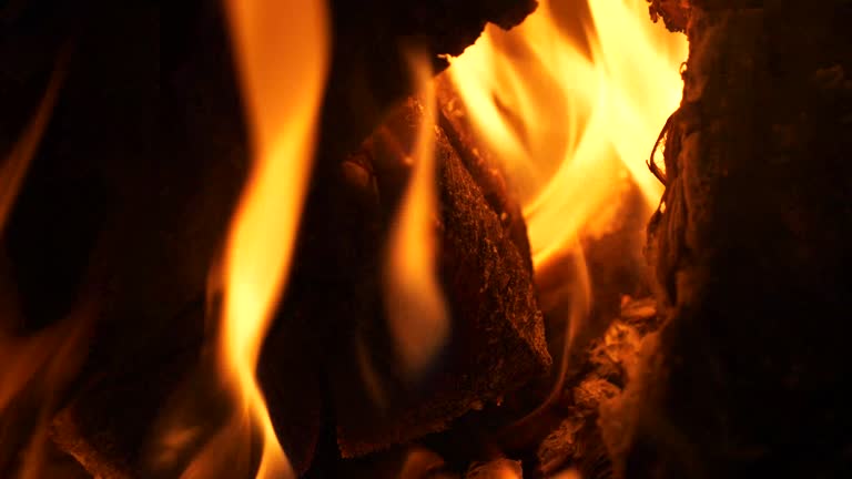 Crackling firewood flames in a campfire, extreme close-up view