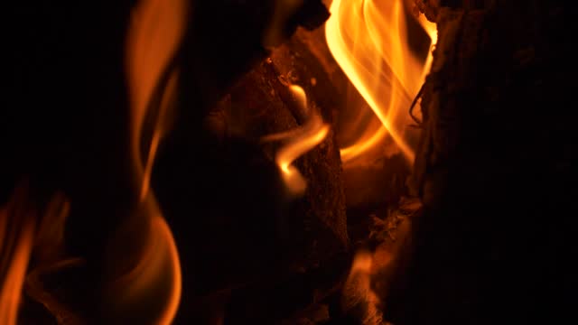 Crackling firewood flames in a campfire, extreme close-up view