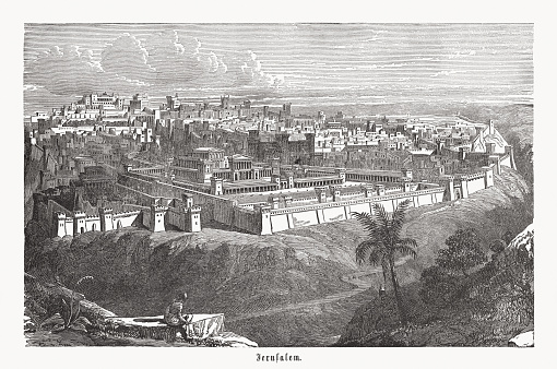 Visual reconstruction of the Second Temple in Jerusalem (later known as Herod's Temple). As the central Jewish place of sacrificial worship from about  515 B.C.E. until its destruction by the Romans in 70 C.E., the second temple in Jerusalem played a major role in the religious and national life of the Jewish people. Wood engraving, published ca. 1890.