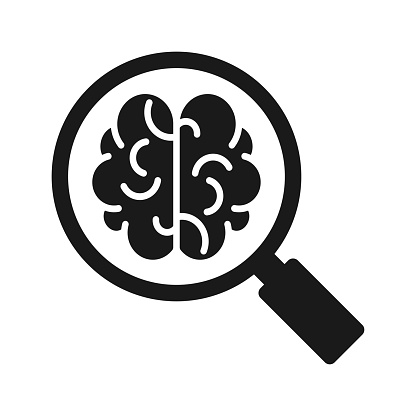 Magnifying glass icon with brains. illustration