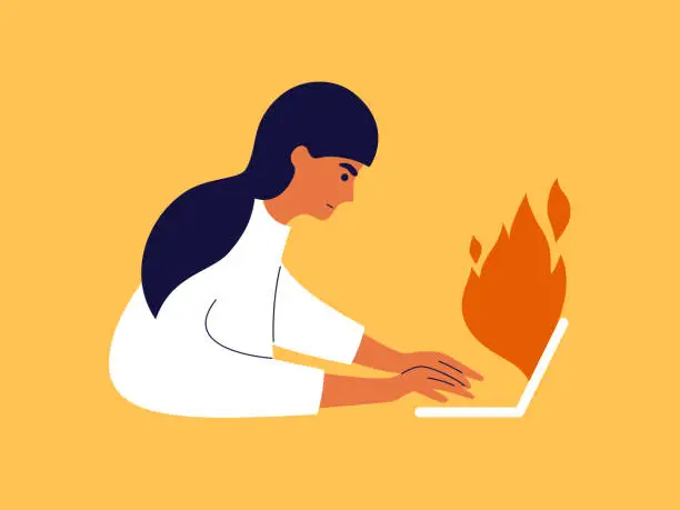 Vector illustration of Deadline work vector illustration with office employee woman working on laptop doing urgent burning task